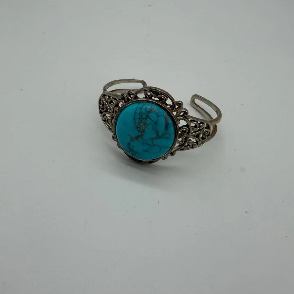 Barse Thailand Turquoise Filigree Cuff Bracelet Silver Tone Southwestern‎ Boho